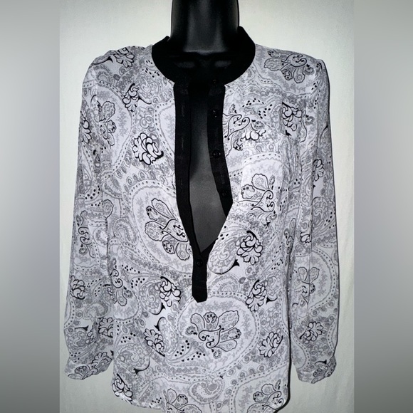Black & Gray Mesh See Through Button Down Blouse with Paisley Pattern - Picture 1 of 8